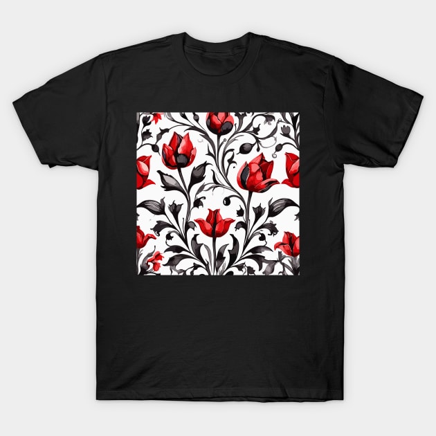 Red Turkish Tulips Ottoman Pattern on White T-Shirt by Siha Arts